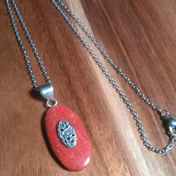 Red Sponge Coral Sterling Silver Pendant Stainless Steel Necklace - Picture 2 of 10